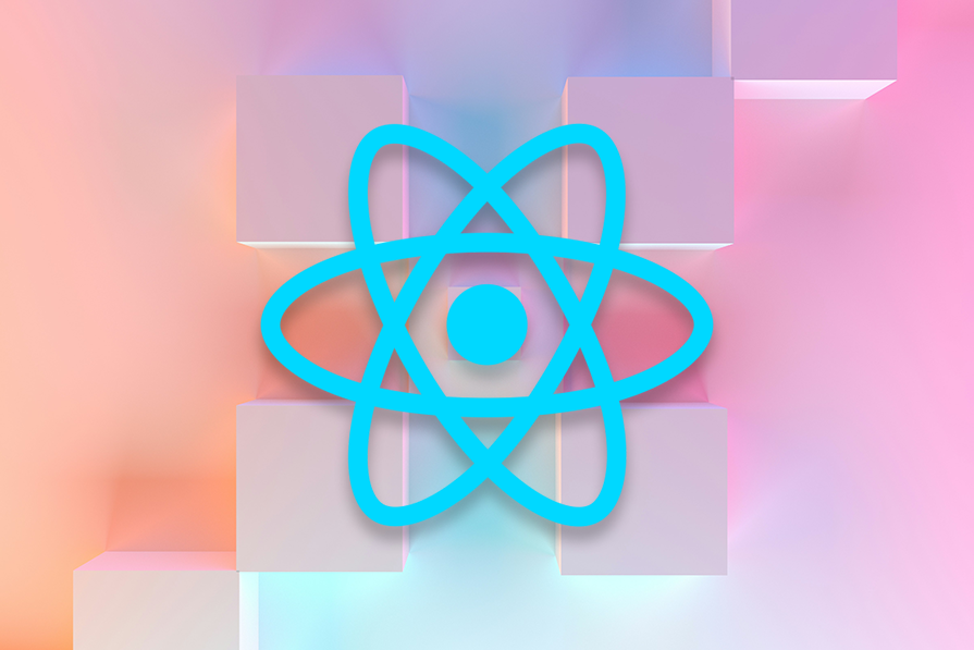 Logotipo azul claro do React sobre blocos geométricos multicoloridos em um fundo suave de tons pastel.