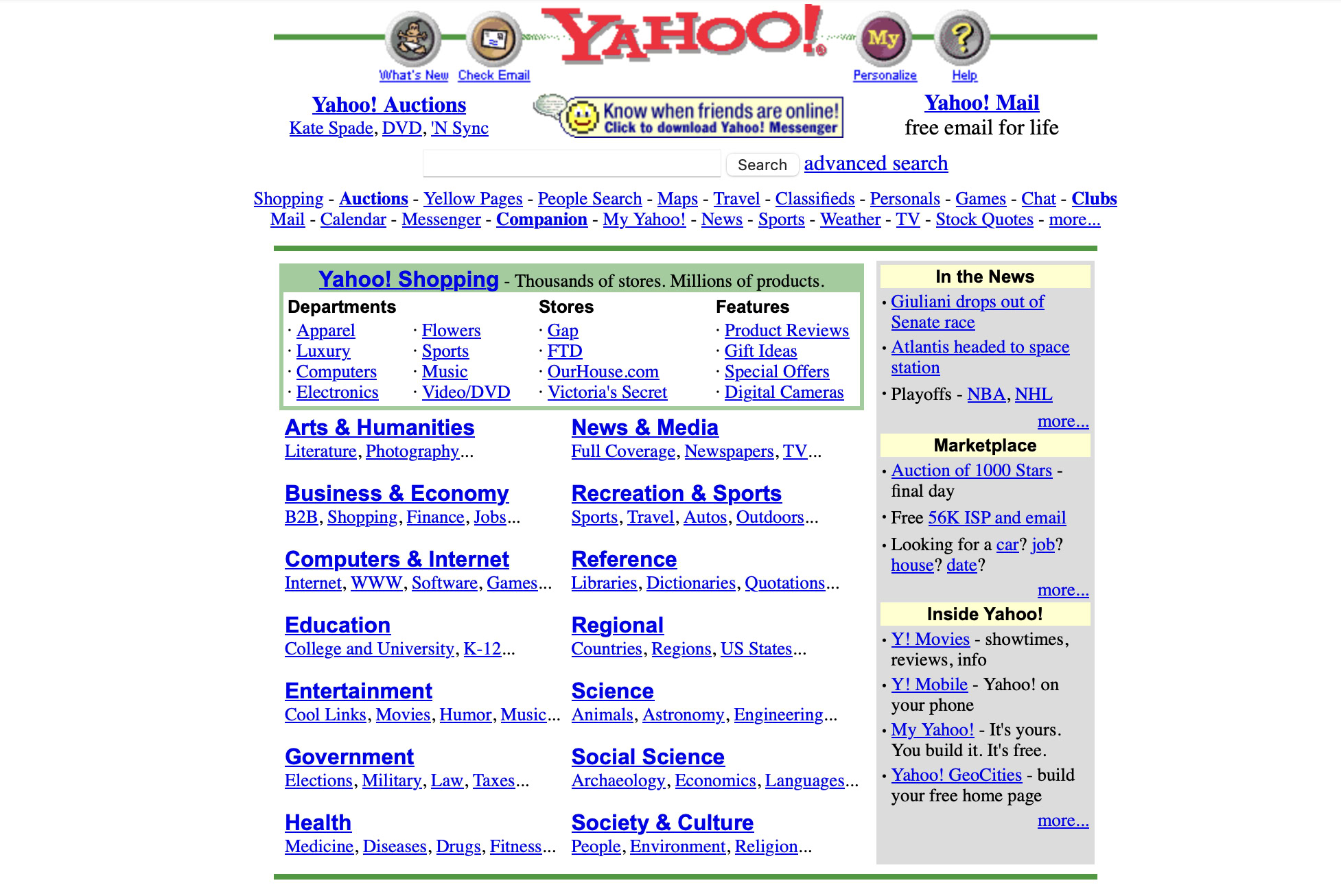 Captura de tela da página inicial antiga do Yahoo! mostrando várias categorias de navegação e links para serviços como Yahoo! Mail, Messenger e Shopping.