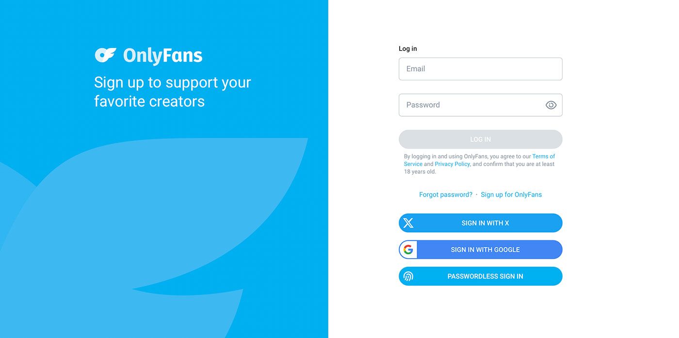 Tela de login do OnlyFans com opções para entrar usando e-mail, Google ou login sem senha. À esquerda, frase 