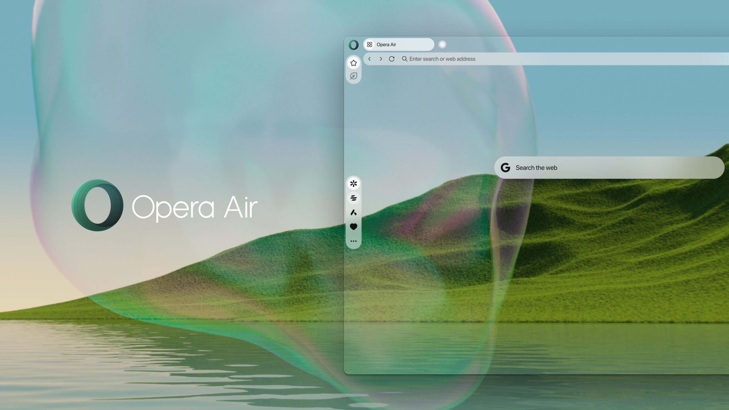 Interface do navegador Opera Air sobreposta a um paisagem surreal de montanhas verdes e lago com reflexo, destacando transparência e leveza.