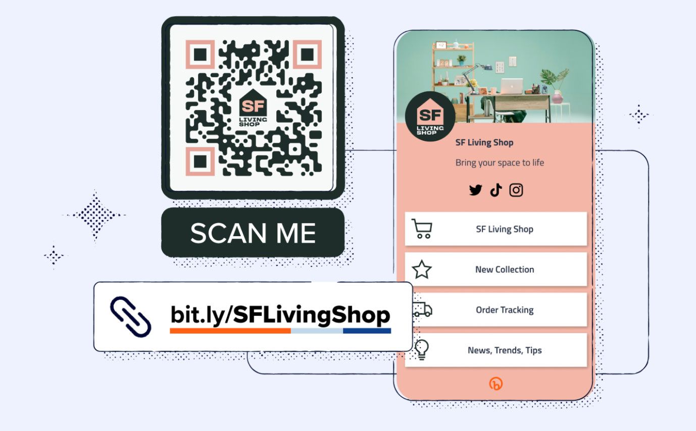 QR Code ao lado de uma ilustração de smartphone mostrando a interface do aplicativo SF Living Shop, com opções como 