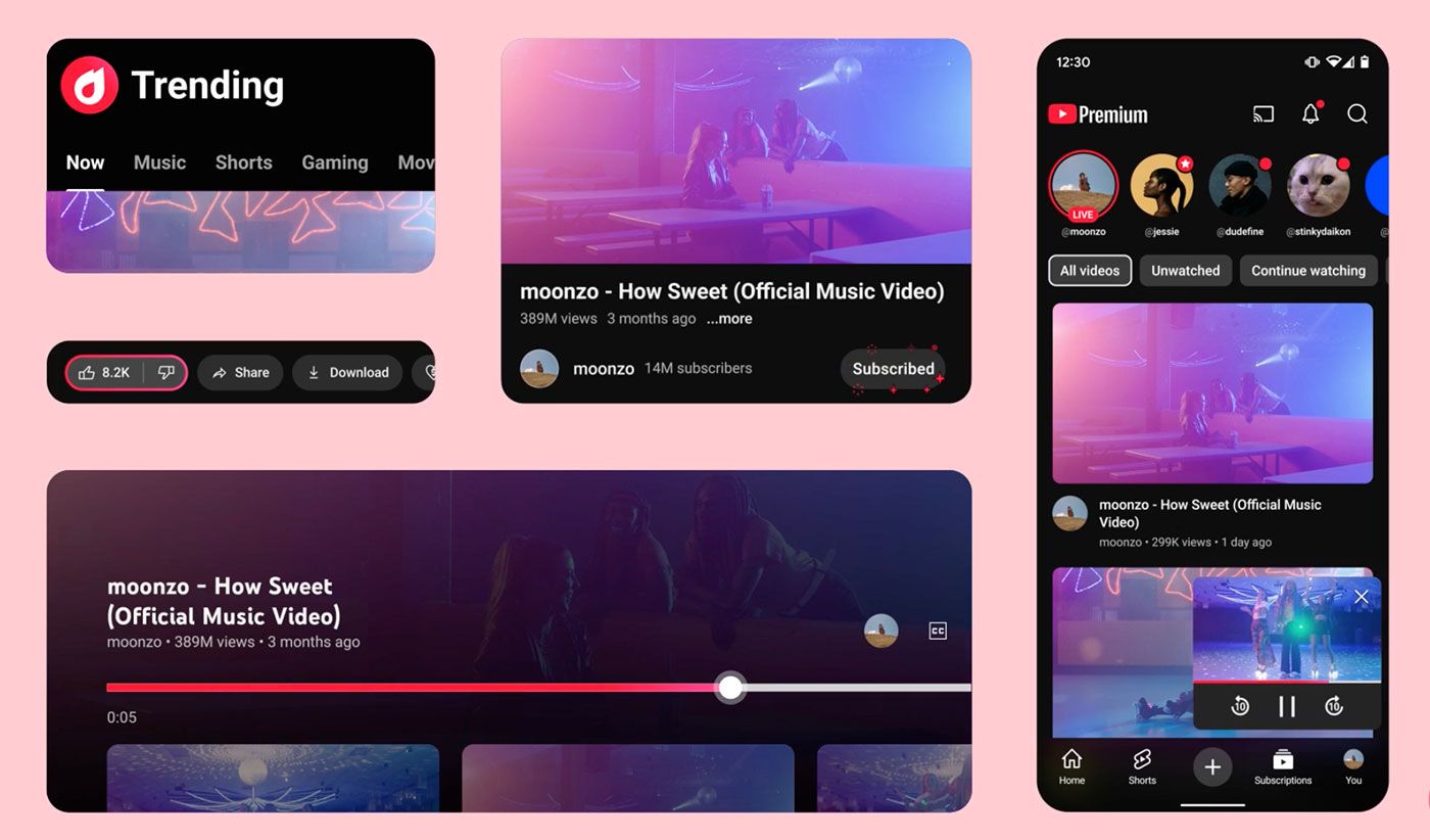 Interface do usuário de uma plataforma de vídeos online mostrando seções de tendências, vídeos recomendados e detalhes de um videoclipe musical com menus de navegação.