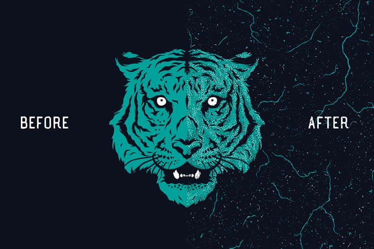 Ilustração dividida com um tigre em azul e verde sobre fundo escuro espacial, com as palavras 