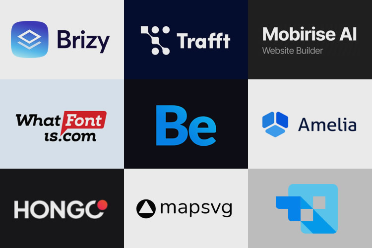 Grade com nove logotipos de empresas variadas, incluindo Brizy, Trafft, Mobirise AI, WhatFontIs.com, Be, Amelia, HONGO, mapsvg e um logo azul com design de peça de quebra-cabeça.