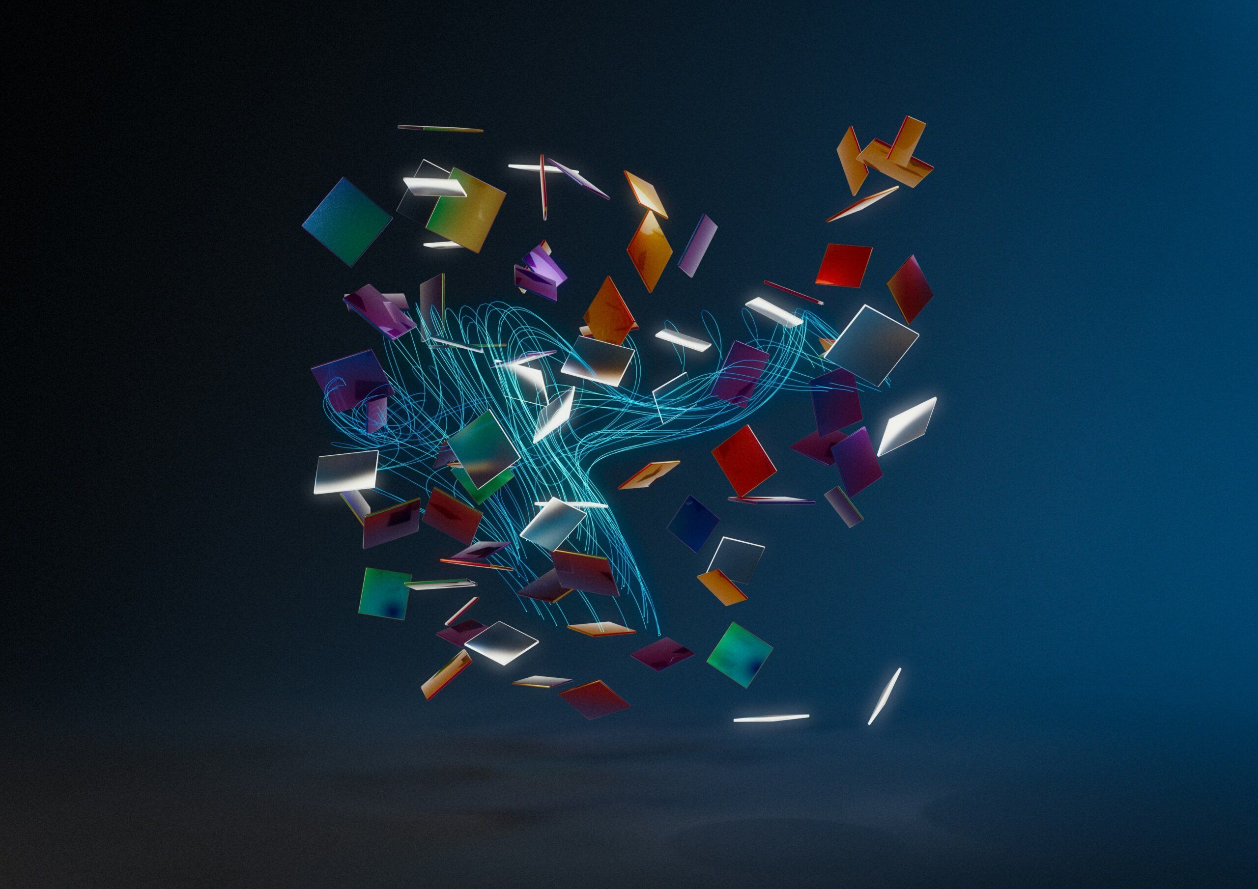 Imagem abstrata de vários livros coloridos flutuando em um fundo escuro, com trilhas de luz azul que parecem conectá-los em uma composição dinâmica e envolvente.