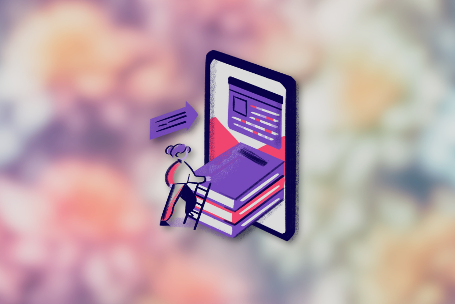 Ilustração de uma pessoa estudando online; sentada em pilha de livros, observa um smartphone gigante exibindo material de aprendizagem, com fundo desfocado colorido.
