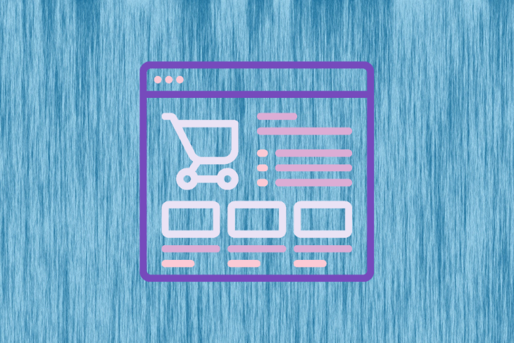 Ícone estilizado de um carrinho de compras e lista de compras dentro de uma janela de navegador sobre um fundo texturizado azul.