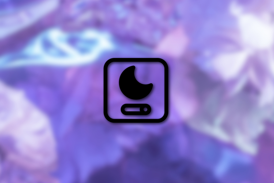 Ícone preto de uma Lua com um interruptor, sobre fundo desfocado com tons de roxo e azul, criando um visual abstrato e místico.