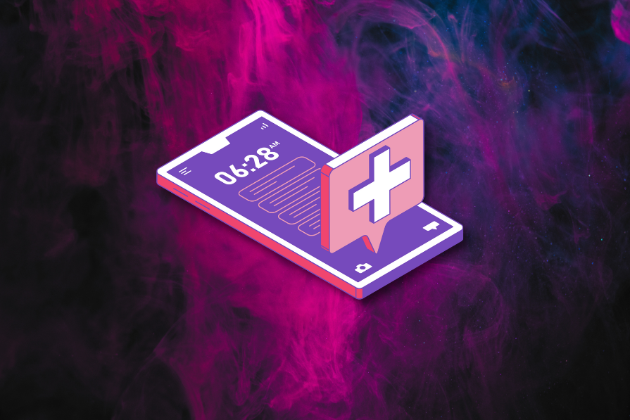Ilustração 3D de um smartphone flutuante com tela mostrando um ícone de balão de mensagem e uma cruz, em fundo fumegante rosa e roxo.