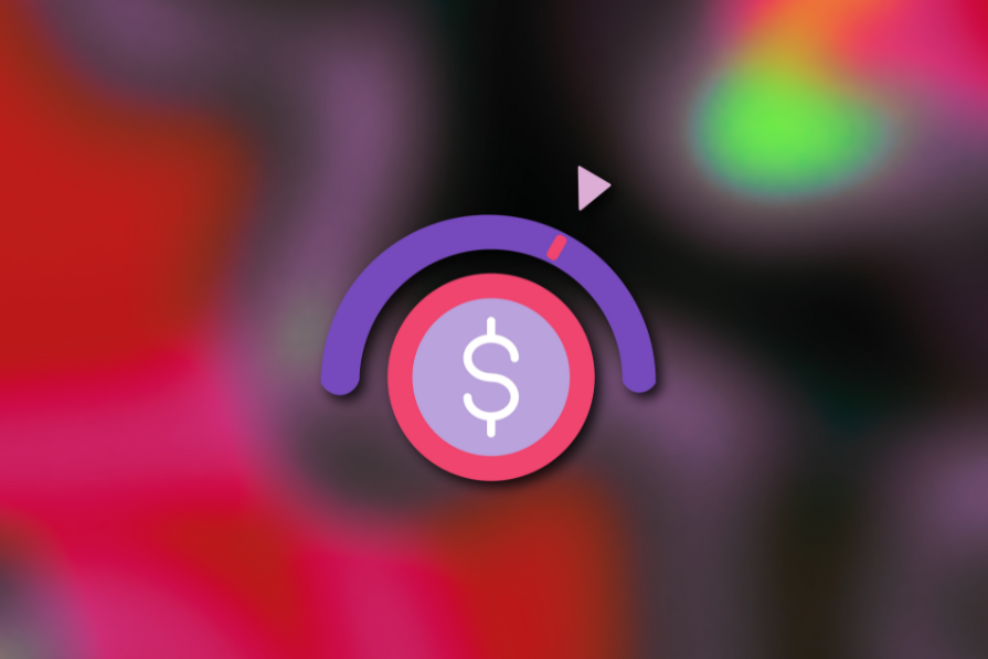 Ícone estilizado representando finanças com um cifrão dentro de um círculo, rodeado por um semicírculo arroxeado e um botão de play, sobre um fundo desfocado colorido.