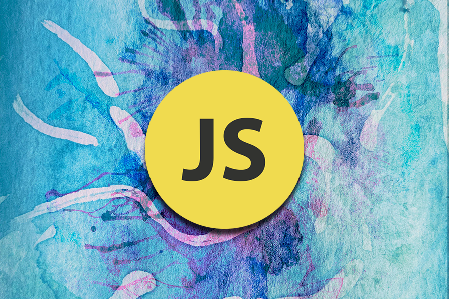 Logotipo do JavaScript (JS) sobre fundo artístico azul e rosa manchado.