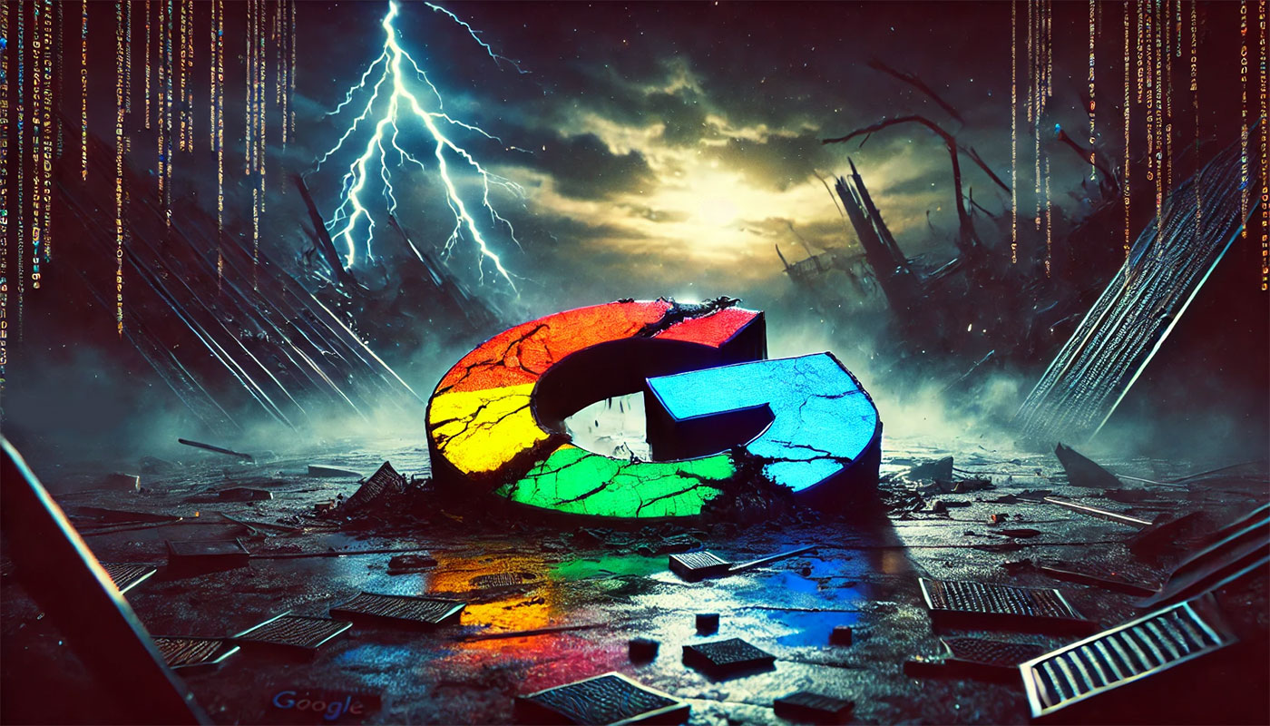 Logo do Google em ruínas e rachado com cores vibrantes sobre cenário apocalíptico com raios e destroços.