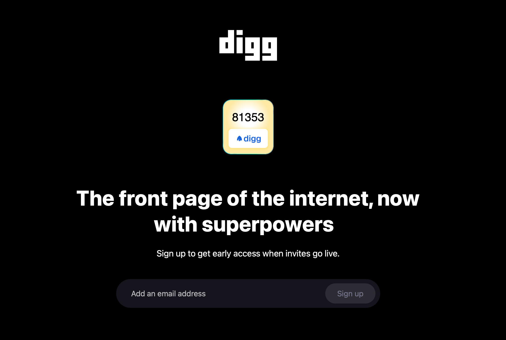 Tela de promoção preta com o logotipo do Digg e um contador de convites mostrando 81353. Texto: 