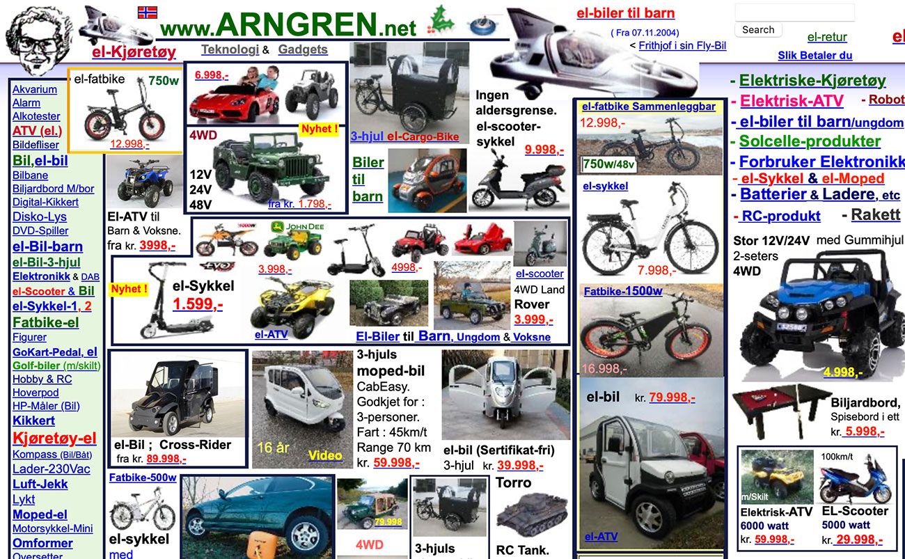 Página web de loja de eletrônicos e veículos, incluindo vários anúncios de produtos como bicicletas elétricas, ATVs e scooters, com preços em coroas norueguesas, vários banners e logotipo de website.