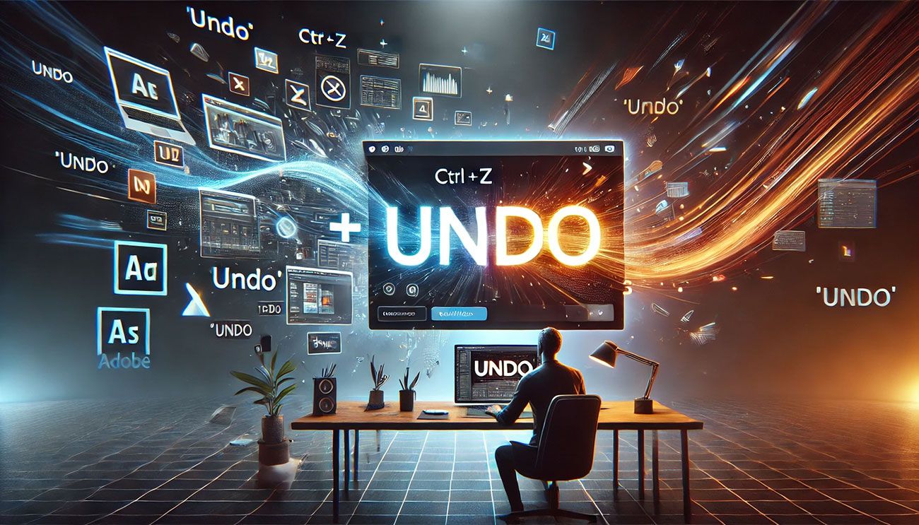 Homem sentado em uma mesa de escritório, olhando para uma tela com ícones digitais flutuantes e o texto “UNDO” brilhando em um ambiente futurista.