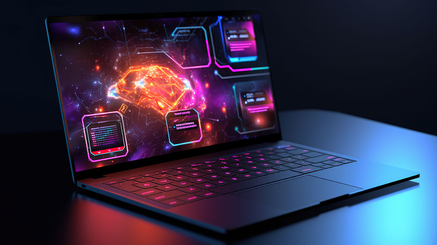 Laptop com tela exibindo gráficos futuristas em neon que incluem diagramas e códigos, em um ambiente de iluminação azul e roxa.
