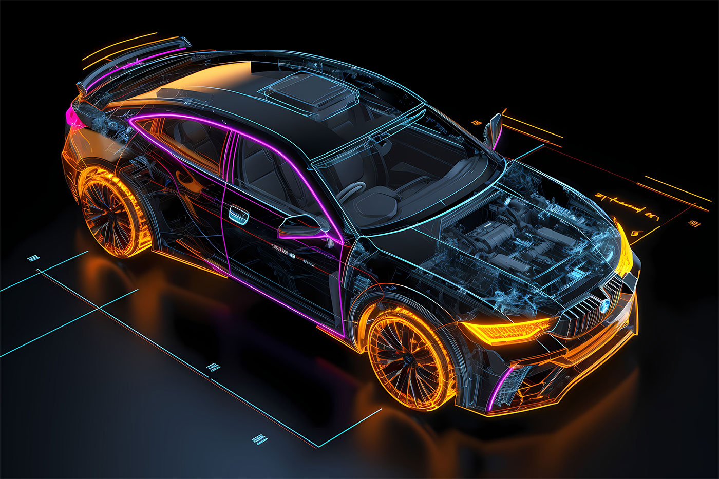 Ilustração 3D de um carro esportivo com linhas neon em azul, roxo e laranja destacando sua estrutura e componentes internos sobre um fundo escuro.
