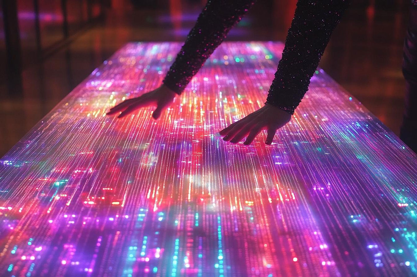 Mãos de pessoa em mesa iluminada com luzes LED coloridas que brilham em vermelho, azul e roxo, criando um efeito vibrante e cintilante.