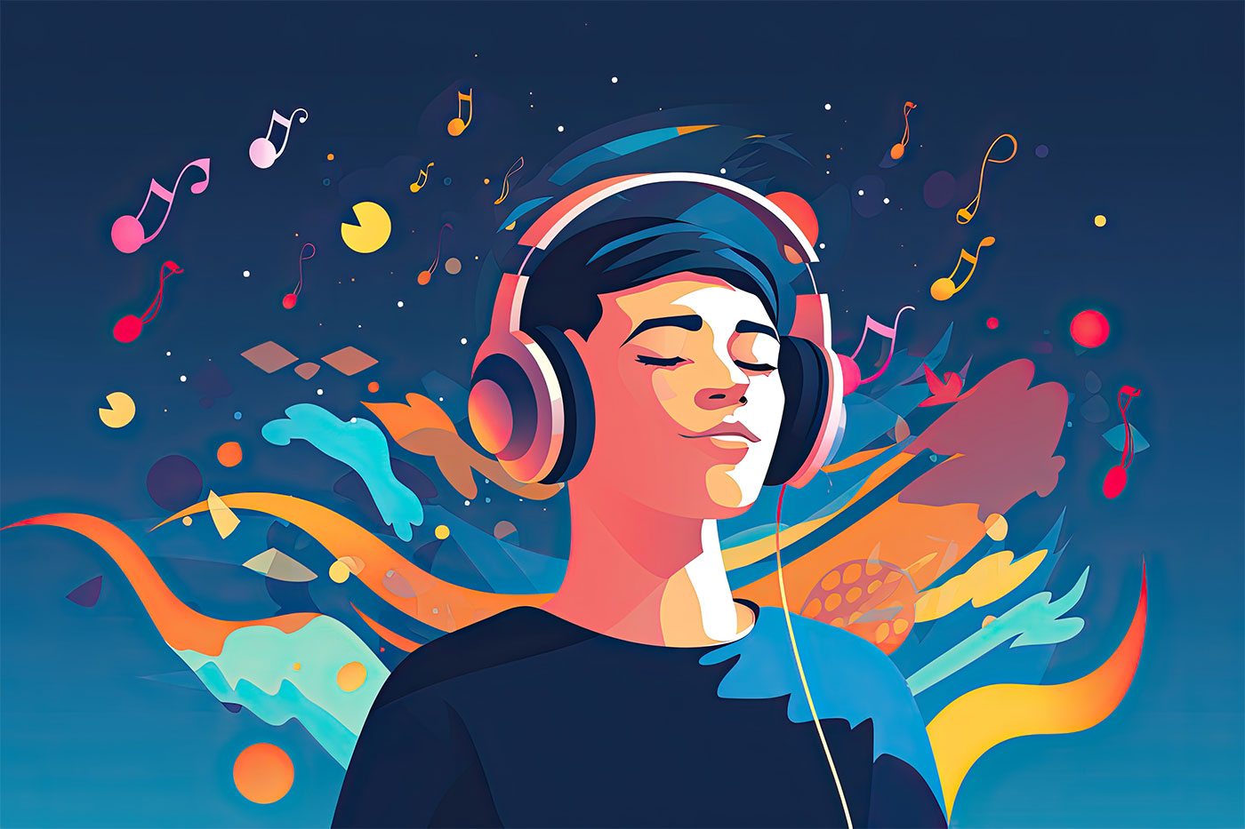 Jovem com fones de ouvido, fechando os olhos enquanto ondas coloridas e notas musicais flutuam ao seu redor em um fundo azul escuro.