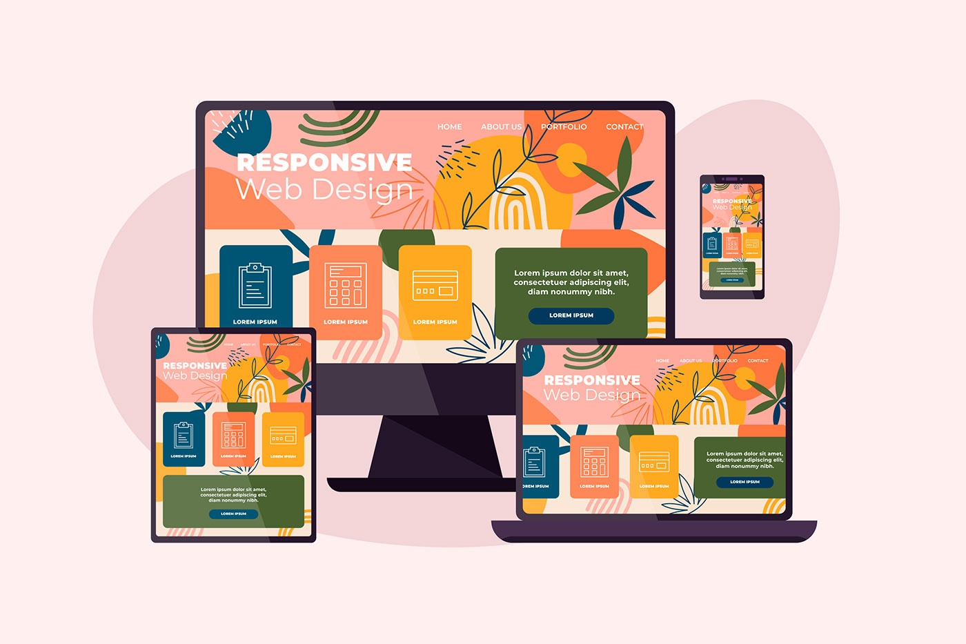 Ilustração de dispositivos exibindo um site com design responsivo, incluindo um desktop, um laptop e um smartphone, todos com fundo decorado com elementos botânicos.