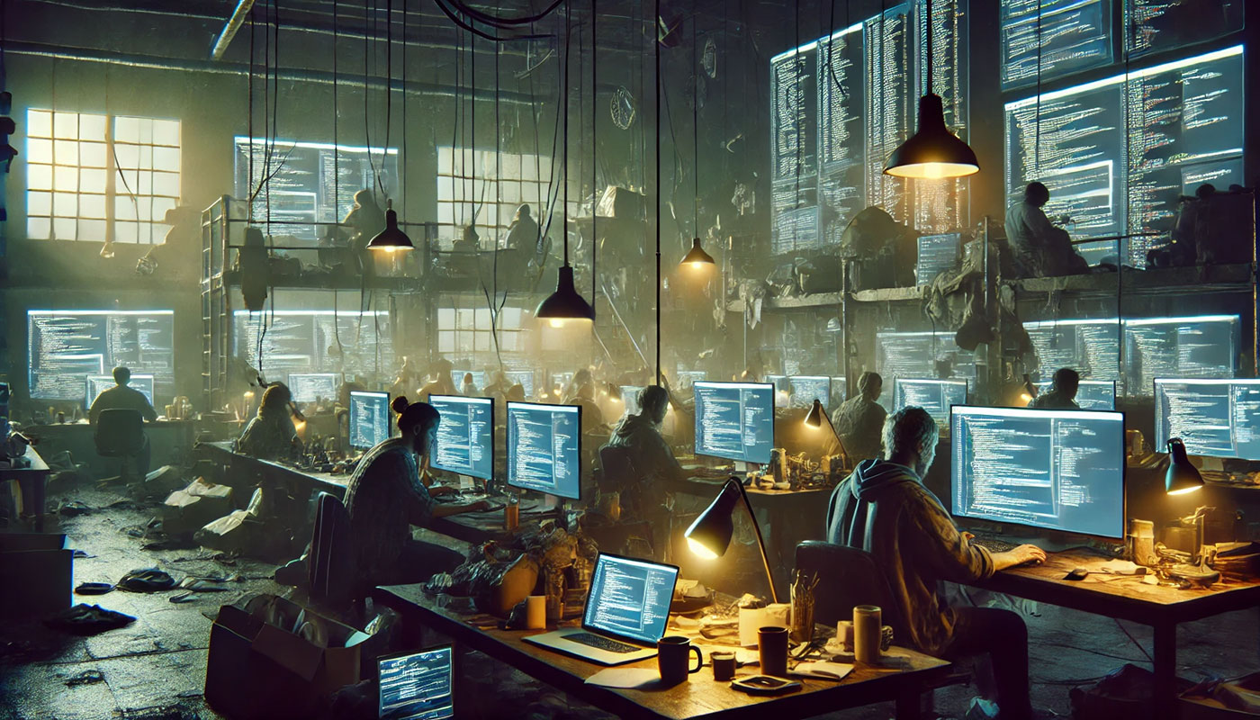 Sala de hackers iluminada por luz natural e lâmpadas pendentes, com várias pessoas trabalhando em computadores em um espaço desordenado e industrial.
