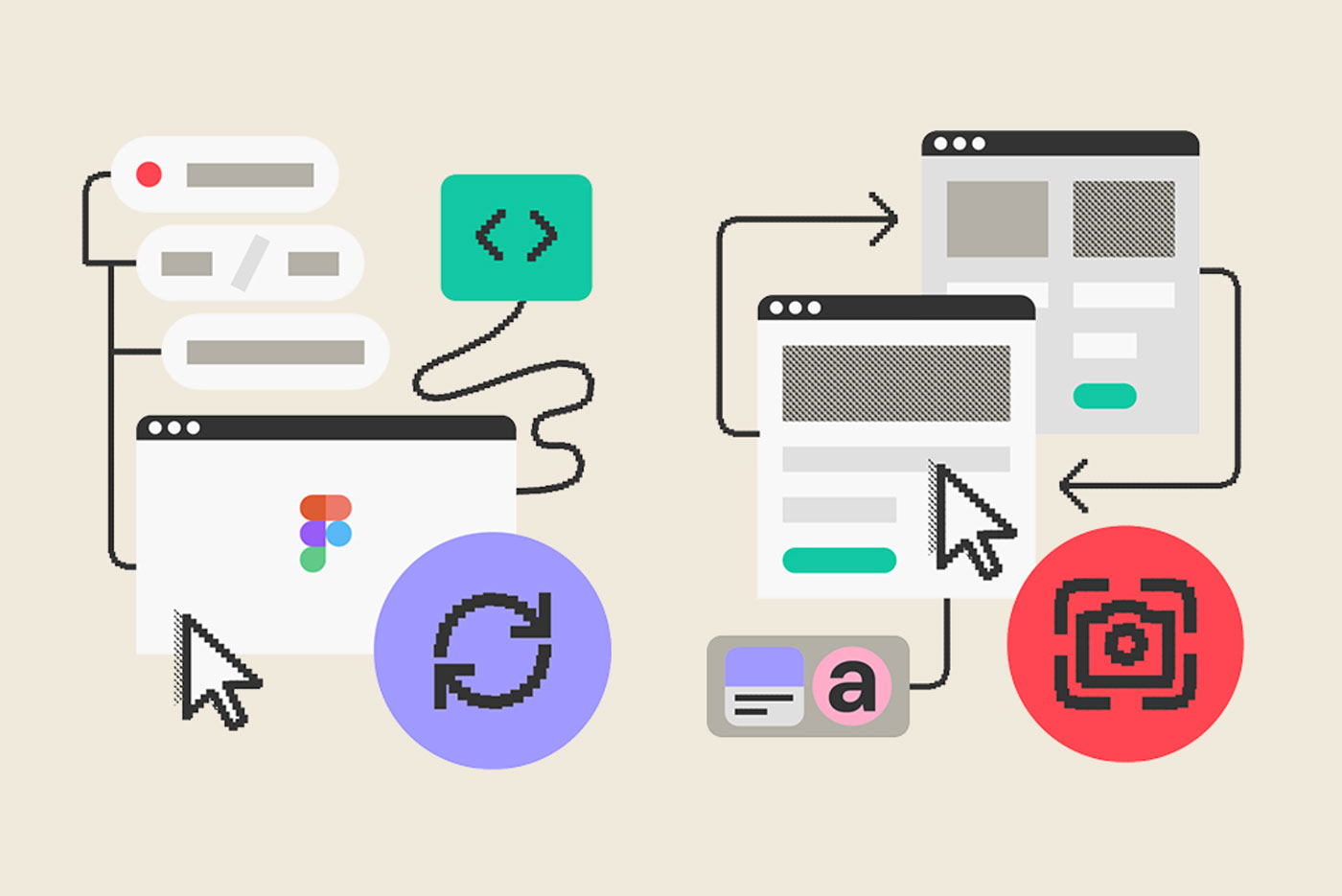 Imagem estilo flat design demonstrando conceitos de desenvolvimento e design web: ícones de programação, dois navegadores web, setas indicando fluxo de trabalho e ícones de ferramentas.