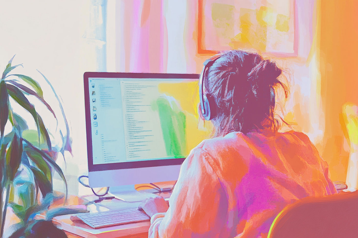 Uma pessoa com fones de ouvido trabalhando em um computador em um ambiente colorido, iluminado e artístico, ao lado de uma planta.
