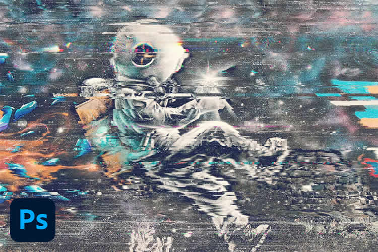 Arte digital de um astronauta com traje espacial flutuando num fundo abstrato colorido, representando o espaço com detalhes de glitch e o logo do Photoshop no canto.