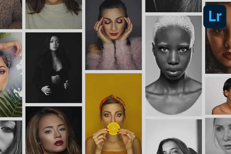 Colagem de vários retratos de mulheres, diferentes expressões e etnias, incluindo um ícone do Adobe Lightroom no canto superior direito.