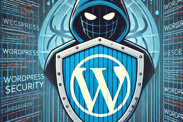 Figura estilizada de um personagem com capuz e máscara segurando um escudo com o logo do WordPress, simbolizando segurança, sobre um fundo de códigos digitais.