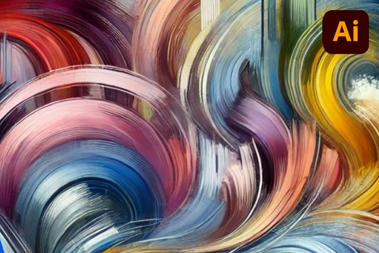 Abstração vibrante de pinceladas em espiral com uma mistura de cores como azul, rosa, amarelo e branco, sugerindo movimento e energia.