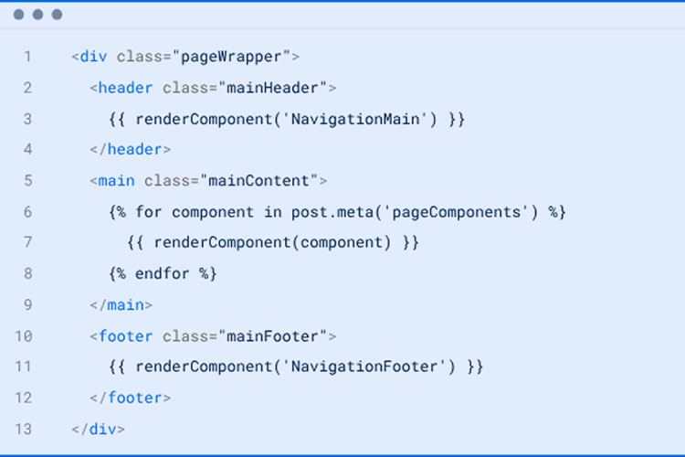 Captura de tela mostrando um código HTML e template tags em um editor com fundo claro, contendo estruturas de cabeçalho, conteúdo principal e rodapé.