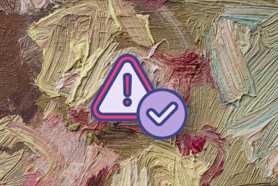 Ícones de alerta e verificação sobre detalhada textura de pintura a óleo com pinceladas em tons de marrom, rosa e verde.