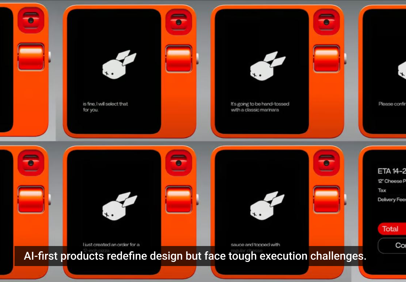 Várias telas digitais laranjas com mensagens de IA e um ícone de coelho branco estão organizadas em uma imagem que simboliza desafios de execução de design.