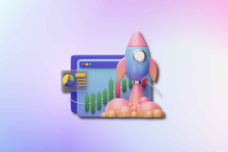Uma ilustração de um foguete rosa e azul decolando com fumaça rosa, sobreposto a uma tela de navegador que exibe gráficos de barras.