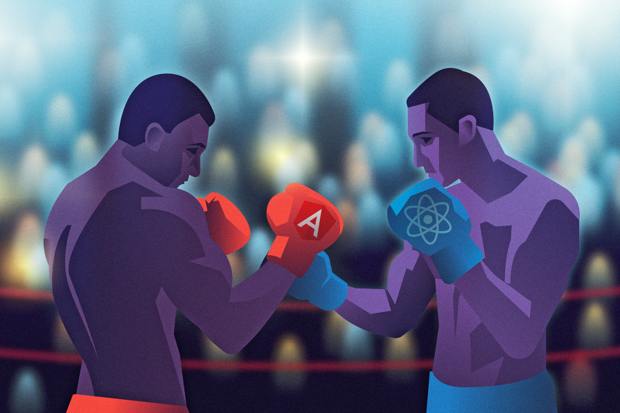 Dois boxeadores em um ringue, com luvas destacando logos de Angular e React, competindo na frente de uma plateia desfocada. Ambiente de competição simbólica entre tecnologias.