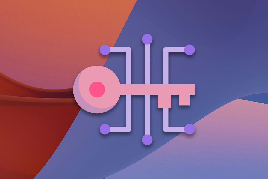 Design gráfico mínimo com ícone roxo e rosa composto por círculos e linhas, sobre fundo colorido em tons de vermelho, azul e rosa.