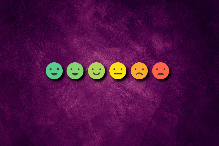 Seis emojis de diferentes expressões alinham-se em um fundo texturizado roxo, variando de feliz a triste da esquerda para a direita.