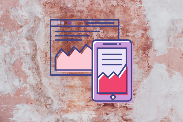 Imagem estilizada de um smartphone e uma janela de interface gráfica flutuante sobre um fundo texturizado cor-de-rosa desgastado, ambos mostrando gráficos e texto estilizados.