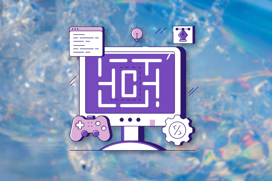 Ilustração estilizada de um computador com ícones representando tecnologia e gaming, incluindo um joystick, sobre um fundo desfocado colorido.