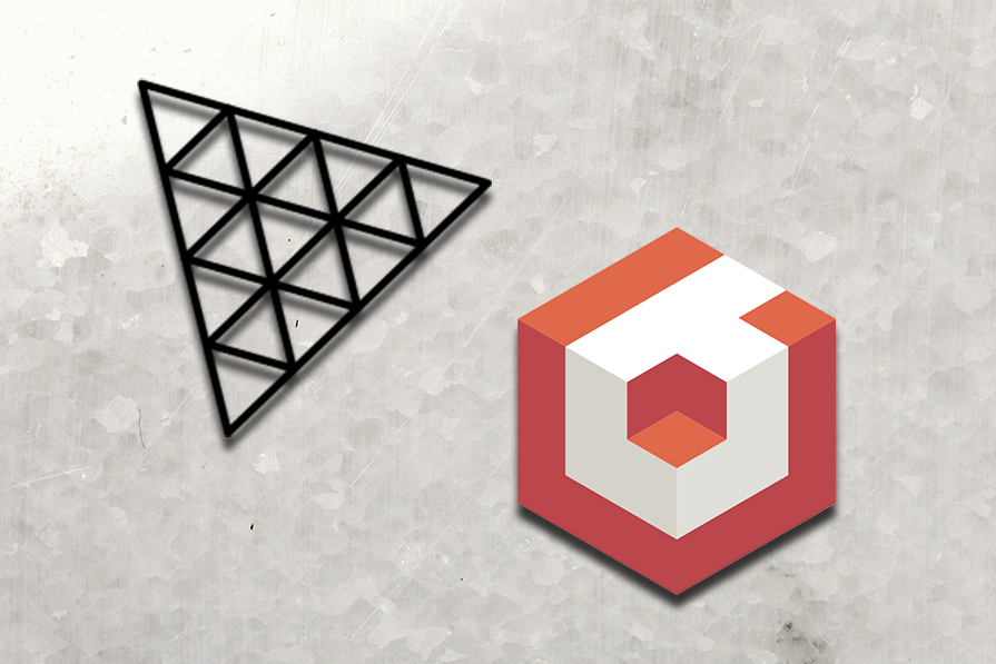 Ilustração de uma estrutura triangular preta com divisórias internas e um cubo laranja e branco sobre fundo de concreto desgastado.