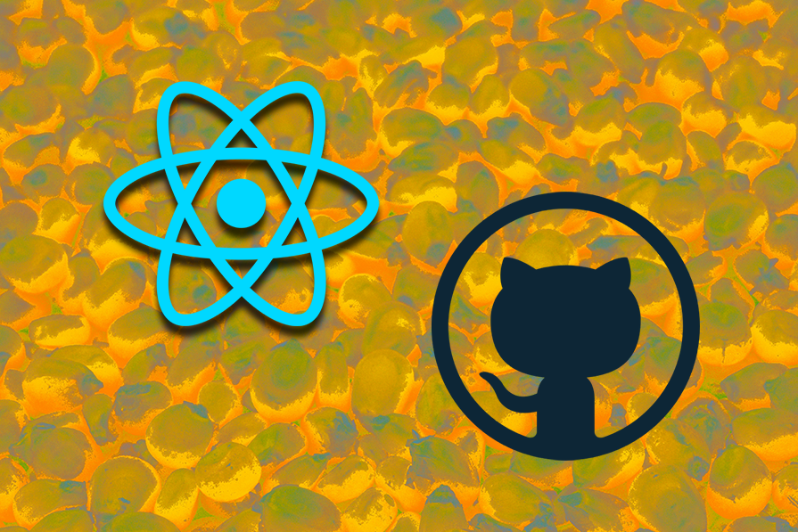Ícones de átomo e GitHub preto sobre fundo abstrato amarelado com textura de pétalas.