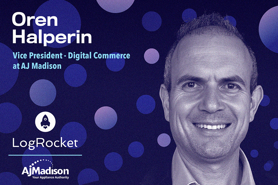 Banner azul com círculos roxos e azuis, mostrando Oren Halperin, Vice-Presidente de Comércio Digital na AJ Madison, com logos da LogRocket e AJ Madison.