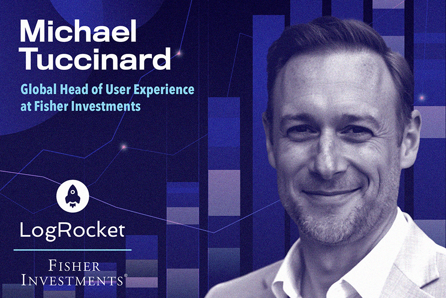 Imagem promocional com perfil de Michael TUccinard, homem sorridente, em fundo abstrato azul com texto sobre seu cargo na Fisher Investments e logos de LogRocket e Fisher Investments.