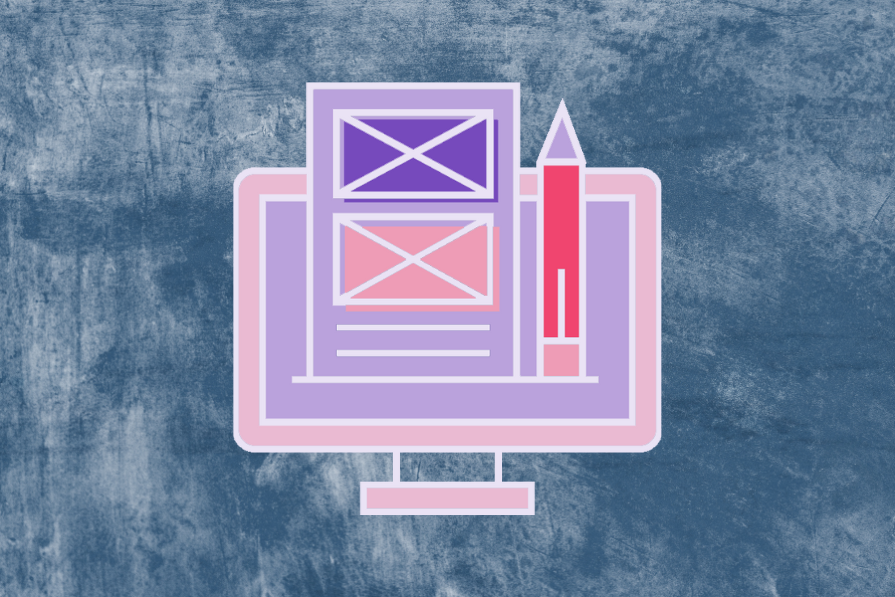 Ícone estilizado de um computador exibindo uma imagem de documento com texto e caixas de marcação, acompanhado de um lápis, sobre fundo texturizado azul.
