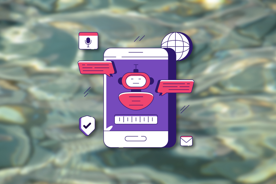 Ilustração de um smartphone com uma interface de chatbot exibindo mensagens, ícones de microfone, globo e verificação sobre fundo desfocado de água.