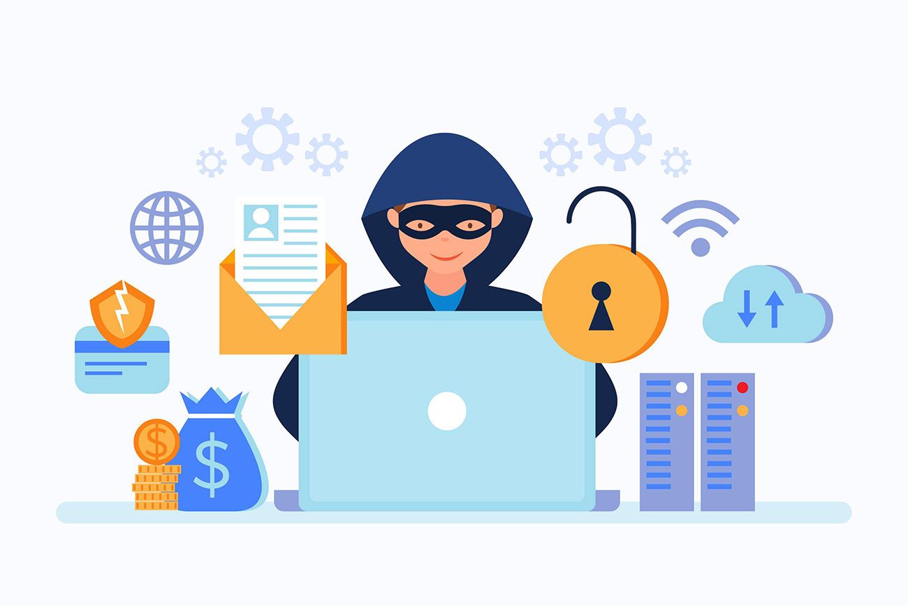 Ilustração de um hacker usando máscara e capuz, operando um laptop com ícones de segurança digital, nuvem, e dados ao redor.