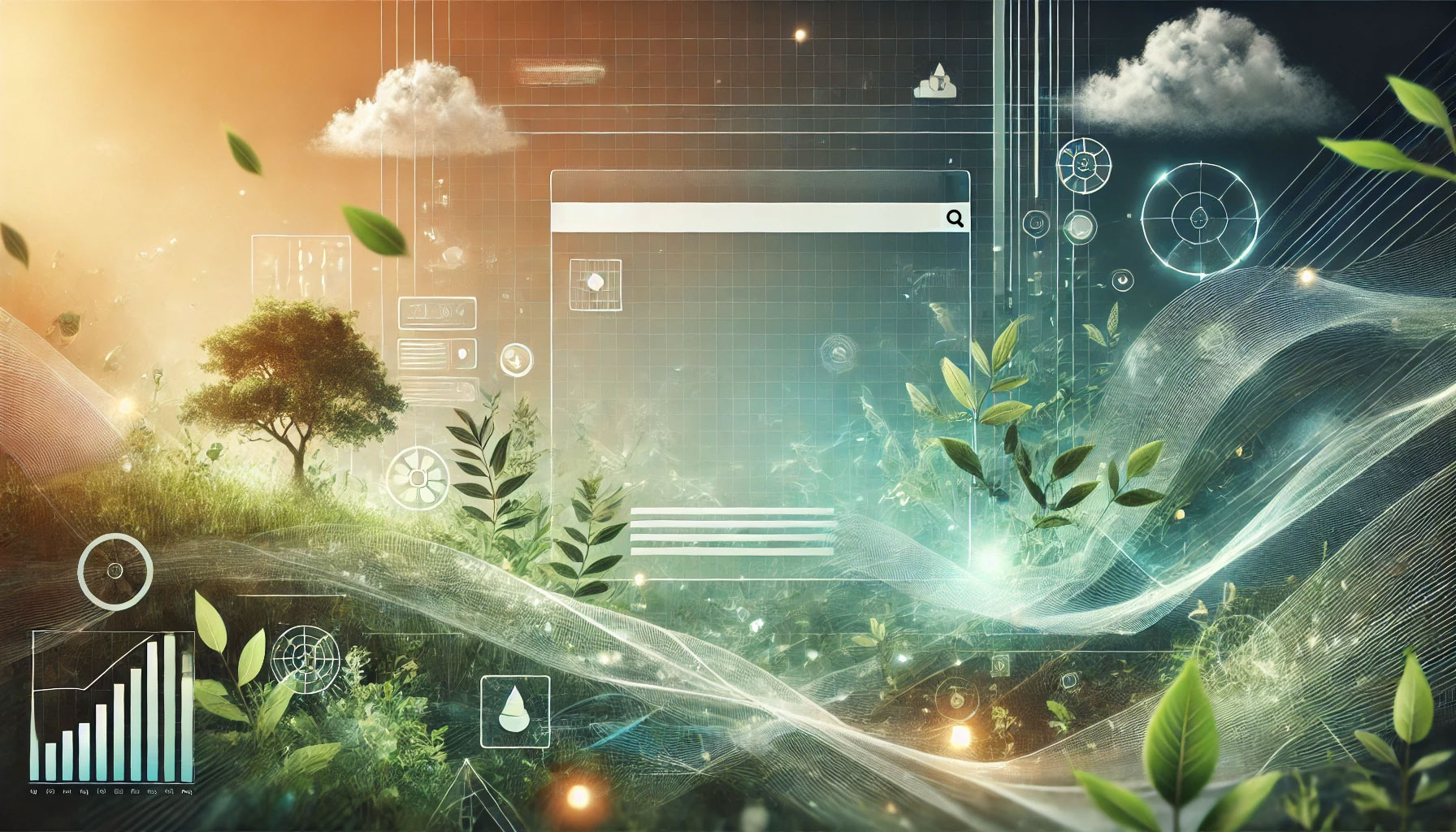 Imagem de uma paisagem futurista combinando natureza e tecnologia, com elementos gráficos de dados e interfaces de usuário flutuando sobre um cenário verdejante e iluminado.