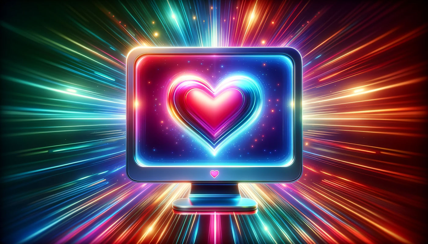 Monitor exibindo um coração neon brilhante com raios de luz multicoloridos se expandindo ao fundo.