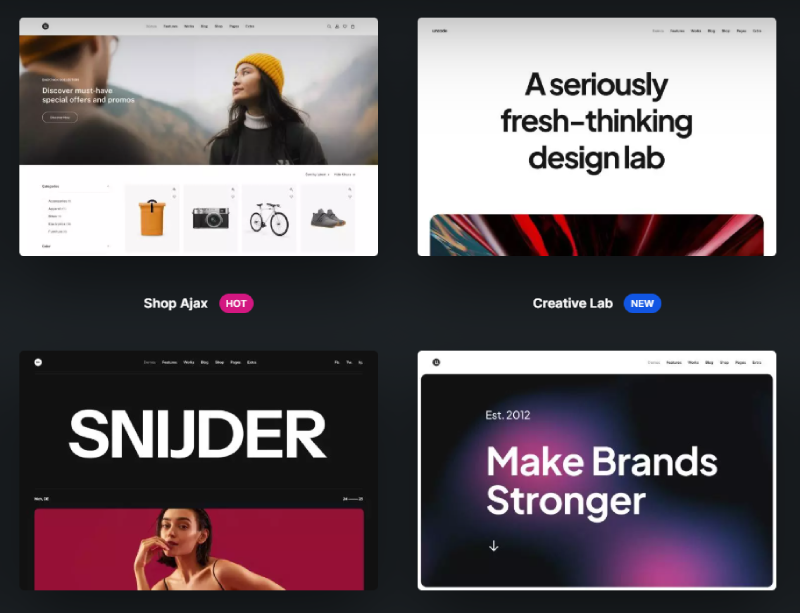 Quatro capturas de tela de páginas web modernas com design elegante, incluindo uma loja online e sites de design e branding.